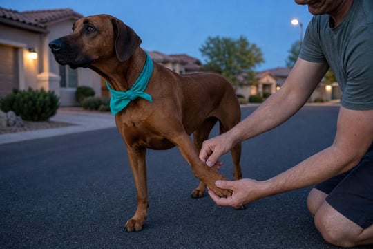 A Rhodesian Ridgeback has its paw checked by a handler on a quiet street at dusk.
