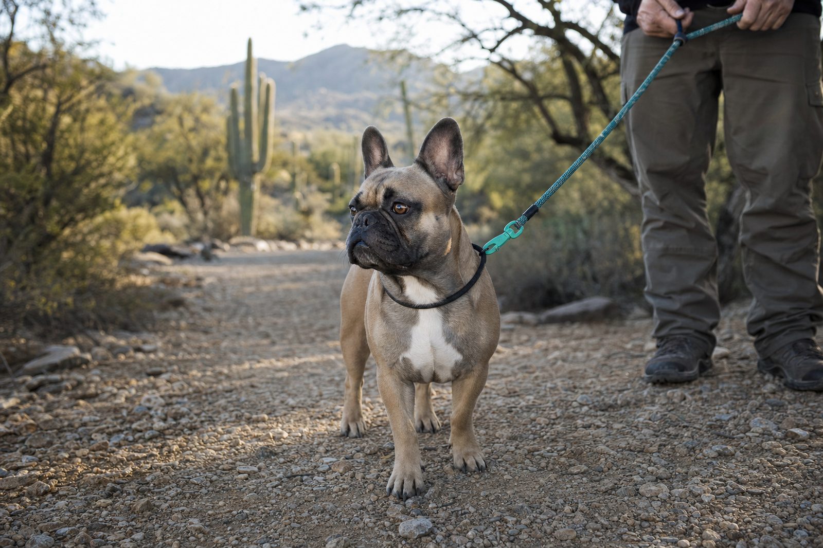 French Bulldog hiking alert on a Phoenix desert trail before the 100 degree closure kicks in