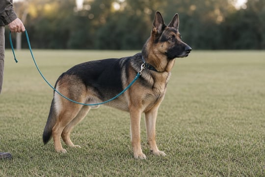 German Shepherd standing calmly on a slack teal leash at the edge of a park field.