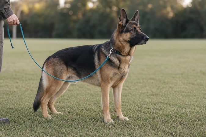 German Shepherd standing calmly on a slack teal leash at the edge of a park field.