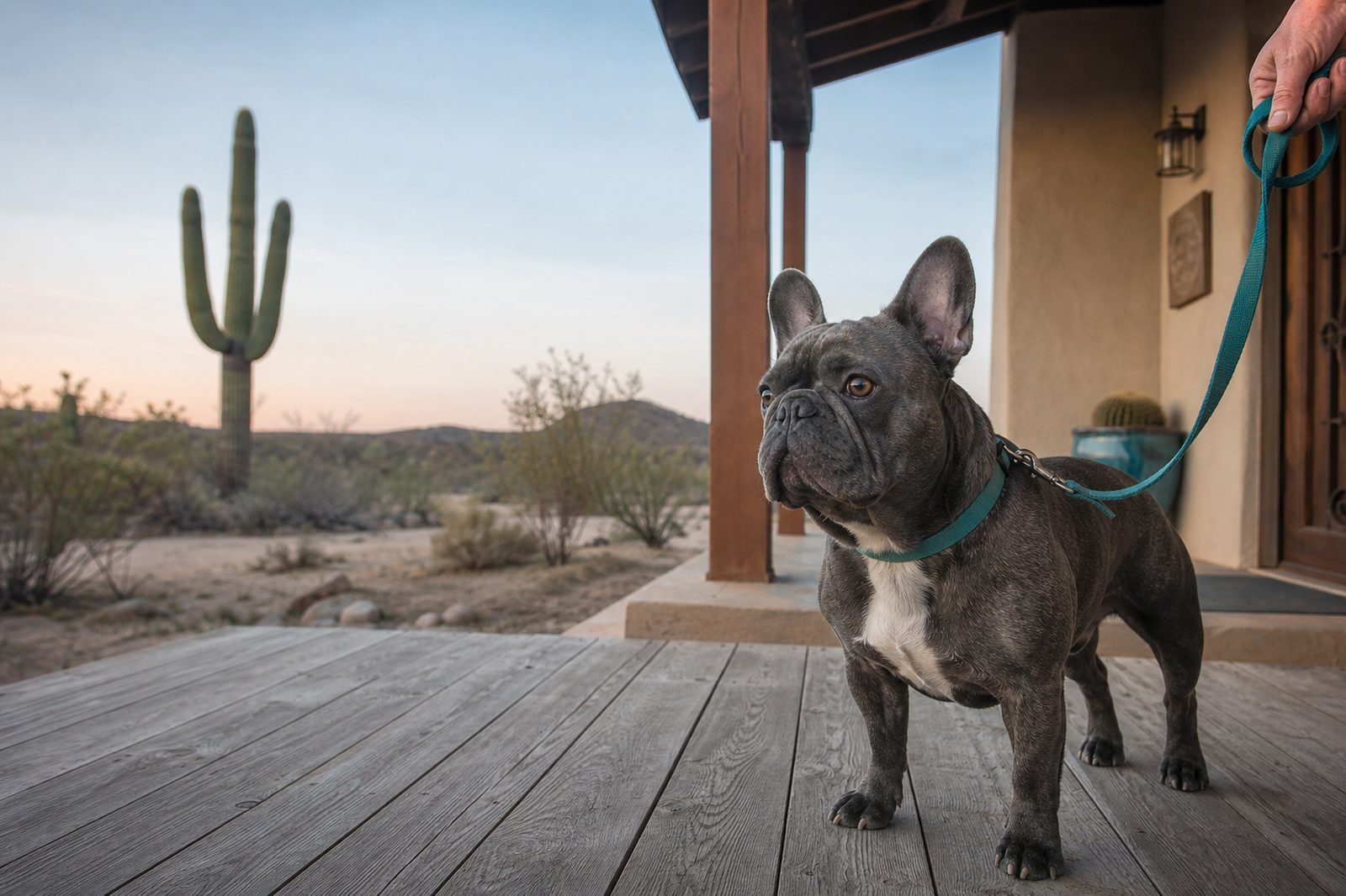 A French Bulldog stands on a porch on a loose leash near a saguaro cactus.