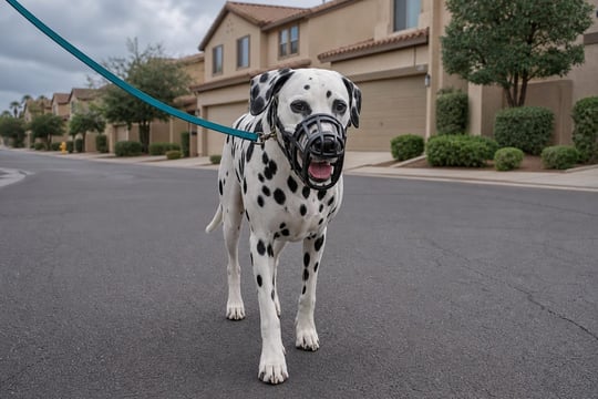 A Dalmatian wears a basket muzzle while walking calmly on a leash down a quiet street.