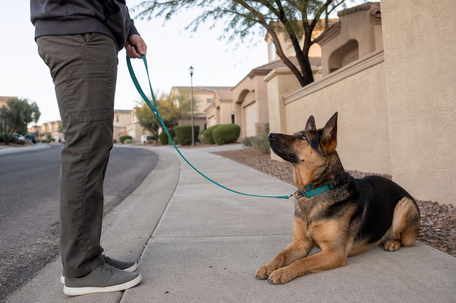 A Shepherd mix holds a calm down-stay on a quiet sidewalk in early morning light.