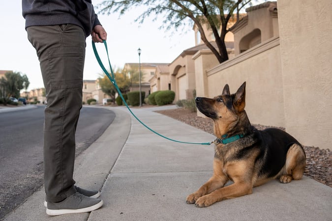 A Shepherd mix holds a calm down-stay on a quiet sidewalk in early morning light.