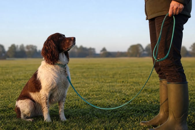 A Springer Spaniel holds a sit-stay on a grass training field in early morning light.