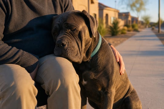 A Cane Corso leans against its seated owner on a sidewalk at golden hour.