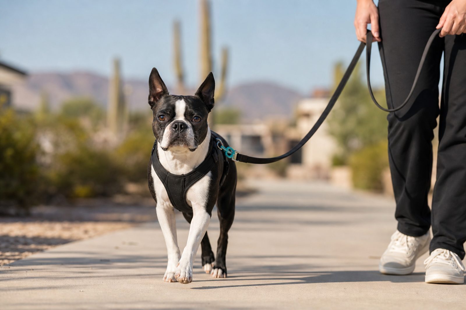 A Boston Terrier walks on a loose leash along a sunny neighborhood sidewalk.