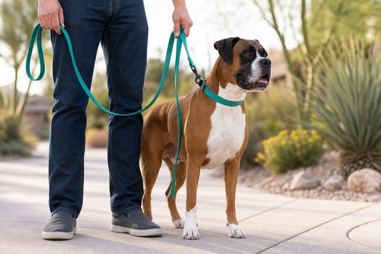 A Boxer wears heat-ready gear while standing on a sunny sidewalk with its handler.