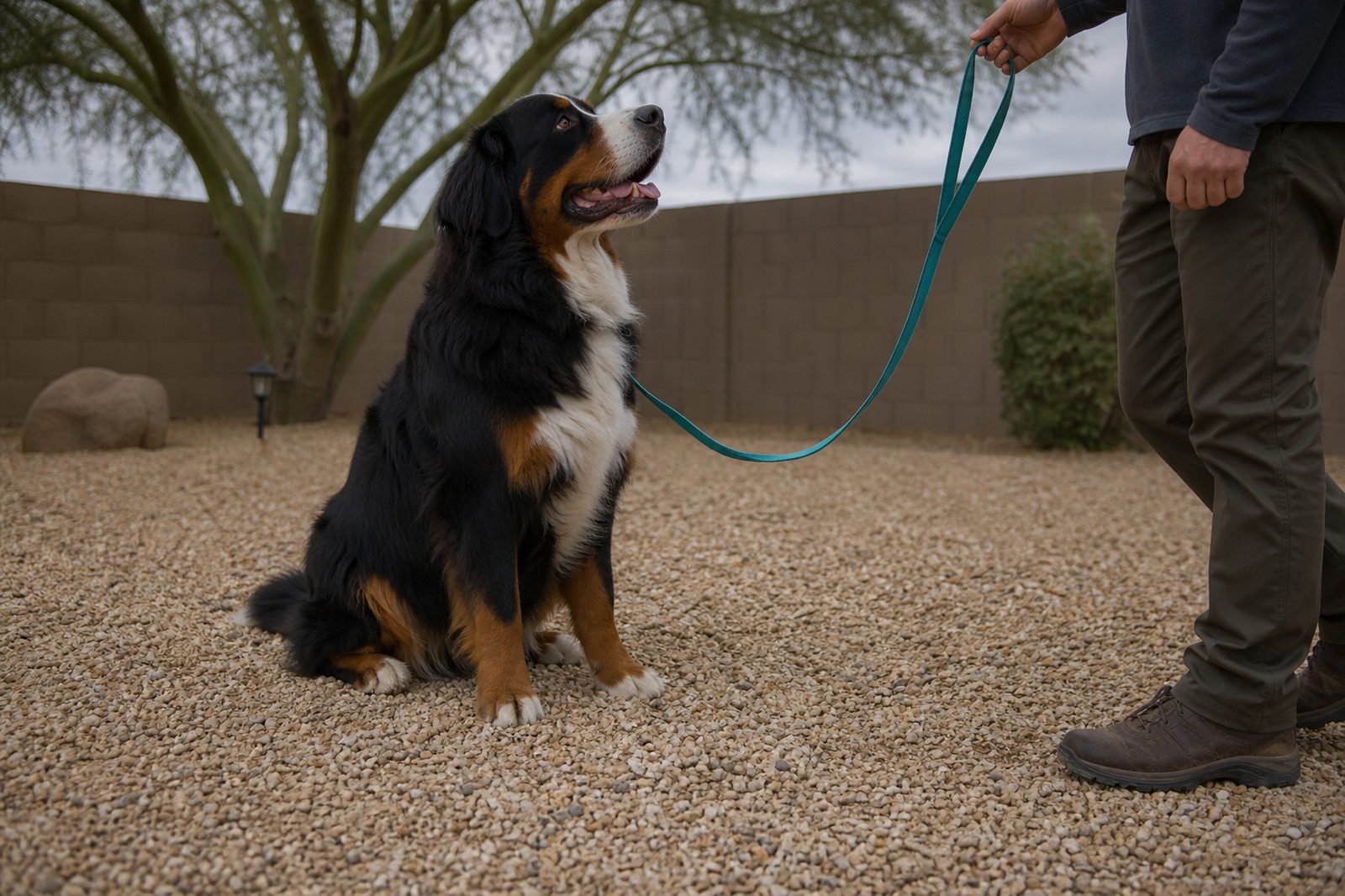 A Bernese Mountain Dog sits attentively in a shaded desert yard under overcast sky.