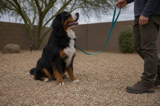 A Bernese Mountain Dog sits attentively in a shaded desert yard under overcast sky.