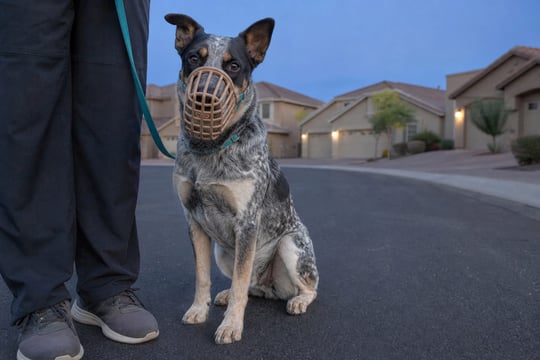 A dog wearing a basket muzzle sits calmly with a handler on a quiet desert street.