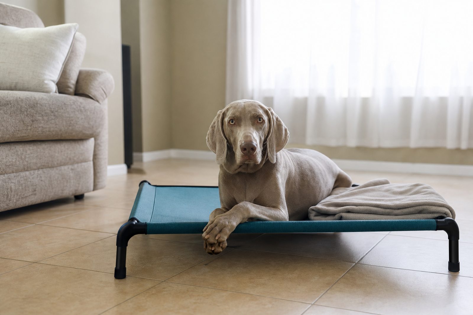 A senior Weimaraner rests on a raised cot in a home-style boarding room.