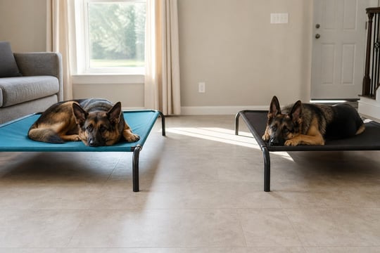 Two German Shepherds rest calmly on separate raised cots in a bright tiled room.