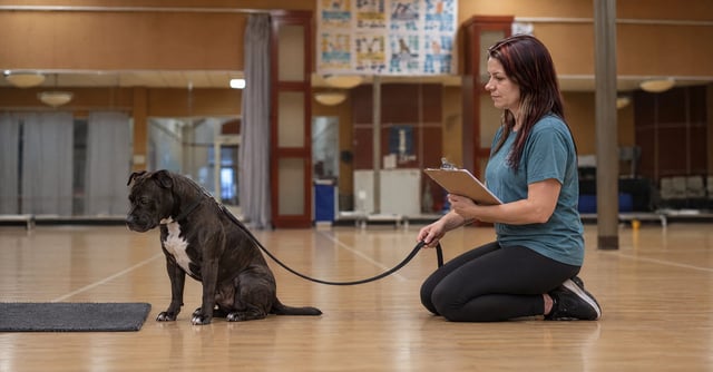 Kay evaluating an adult Staffordshire Bull Terrier with a scored sheet in the Scottsdale training room