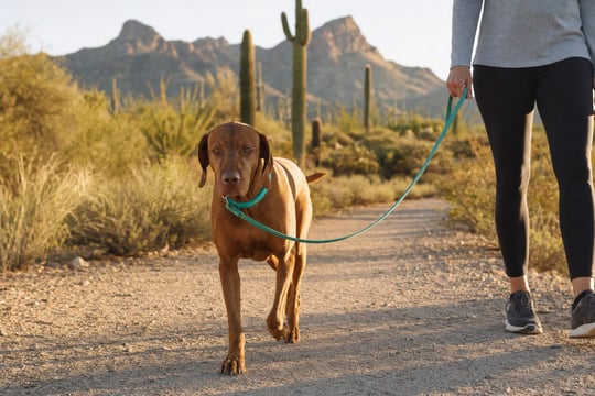 Snowbird pet parent walks a leashed Vizsla on a Scottsdale desert trail with saguaros in December