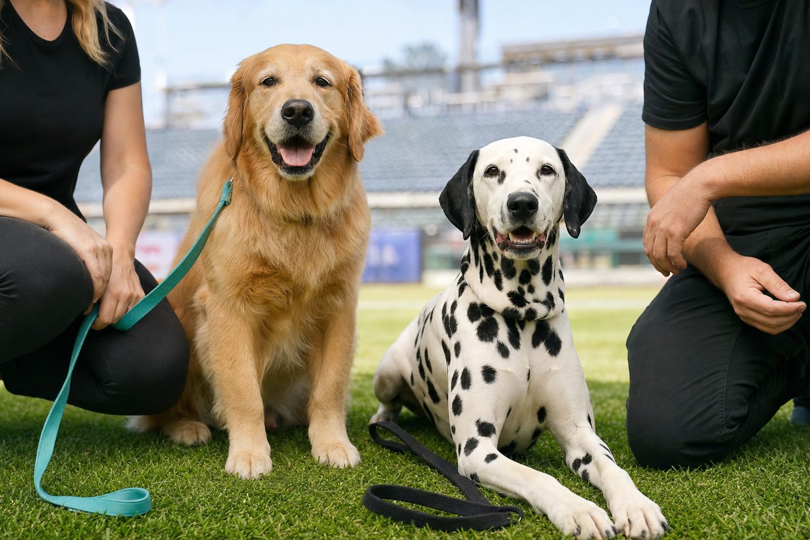 Two different-breed adult dogs settling on the lawn at a Bark at the Park spring training dog day in Peoria, Arizona