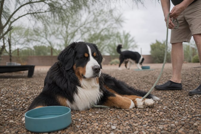 A Bernese Mountain Dog rests calmly in its own space in a gravel yard under monsoon skies.