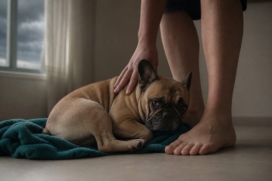 A French Bulldog leans against its owner's legs indoors during an early morning storm.