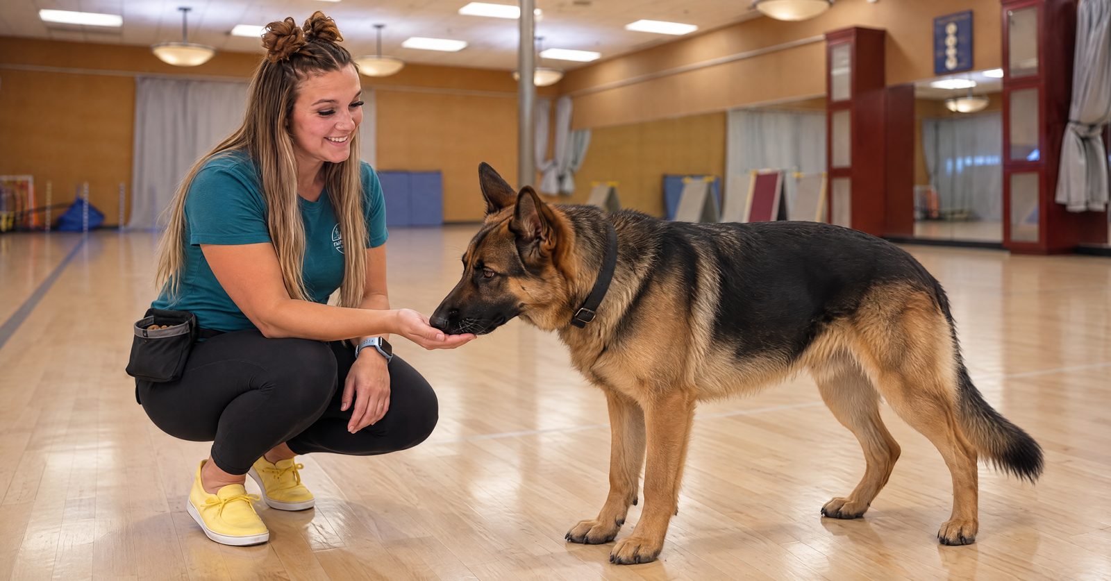 Taylor cueing a calm German Shepherd through a hand-target touch at Partners Dogs Scottsdale