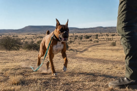 A Boxer trots across an open desert field toward its handler in morning light.