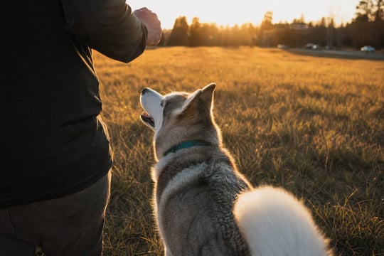 A Husky walks attentively beside its handler across an open field at golden hour.