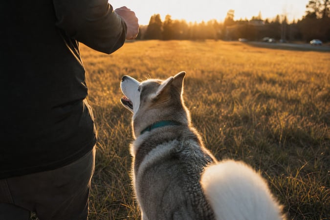 A Husky walks attentively beside its handler across an open field at golden hour.