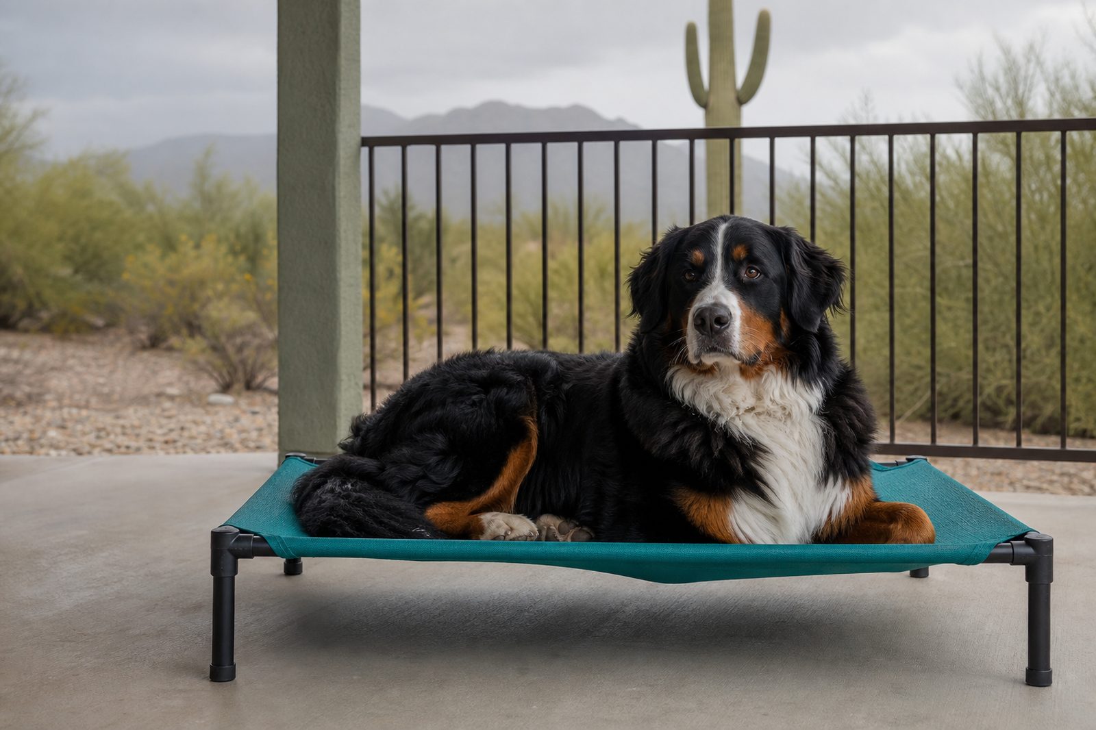 Bernese Mountain Dog resting quietly on a raised cot on a shaded porch during boarding.