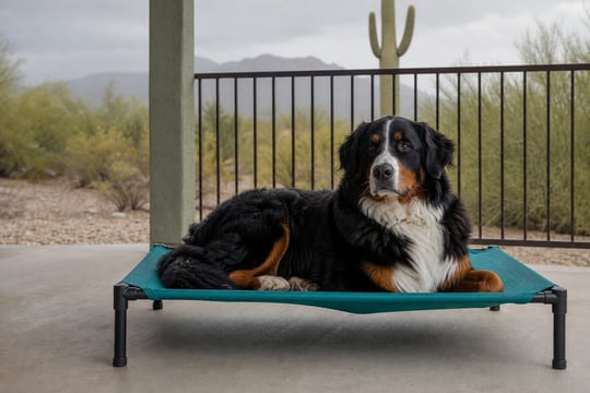 Bernese Mountain Dog resting quietly on a raised cot on a shaded porch during boarding.