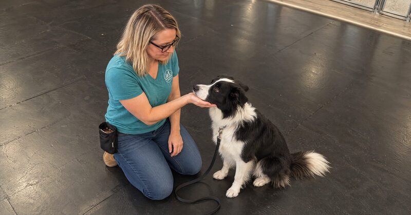 Sophie Stevens cups the chin of a Border Collie in the main training classroom at Partners Dogs Scottsdale.