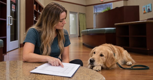 Emma reviewing a vet estimate with a Pet Parent and Golden Retriever at Partners Dogs Scottsdale