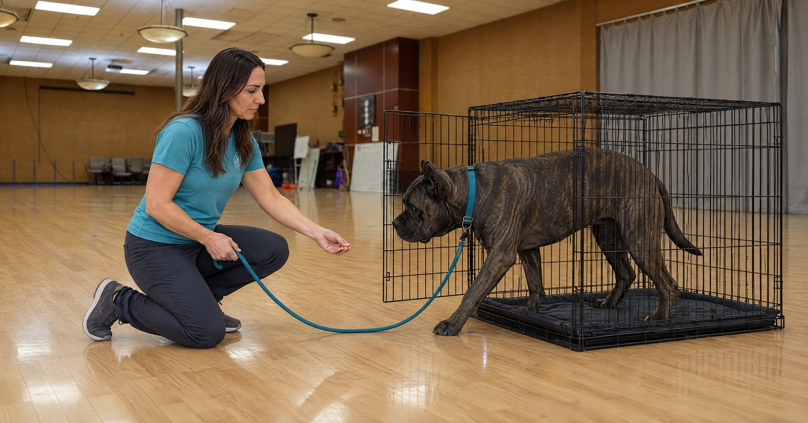 Christopher settles an adult Cane Corso into an open crate in the Scottsdale training classroom