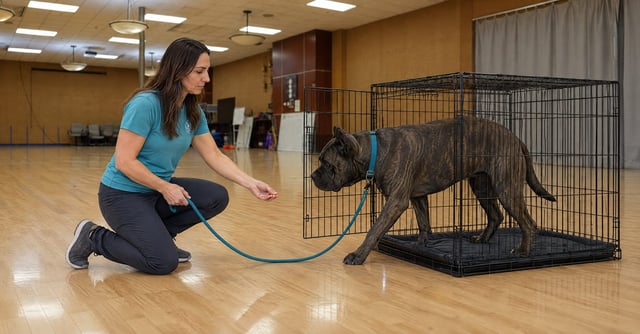 Christopher settles an adult Cane Corso into an open crate in the Scottsdale training classroom