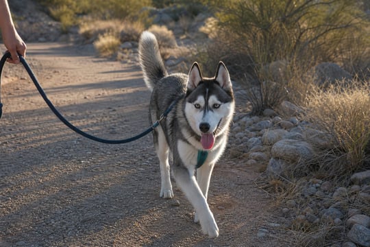 A young Husky trots along a shaded desert wash trail in the late afternoon.