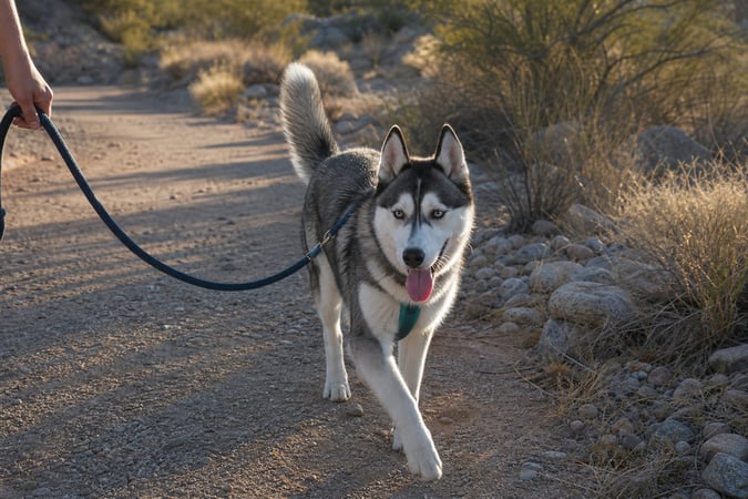 A young Husky trots along a shaded desert wash trail in the late afternoon.