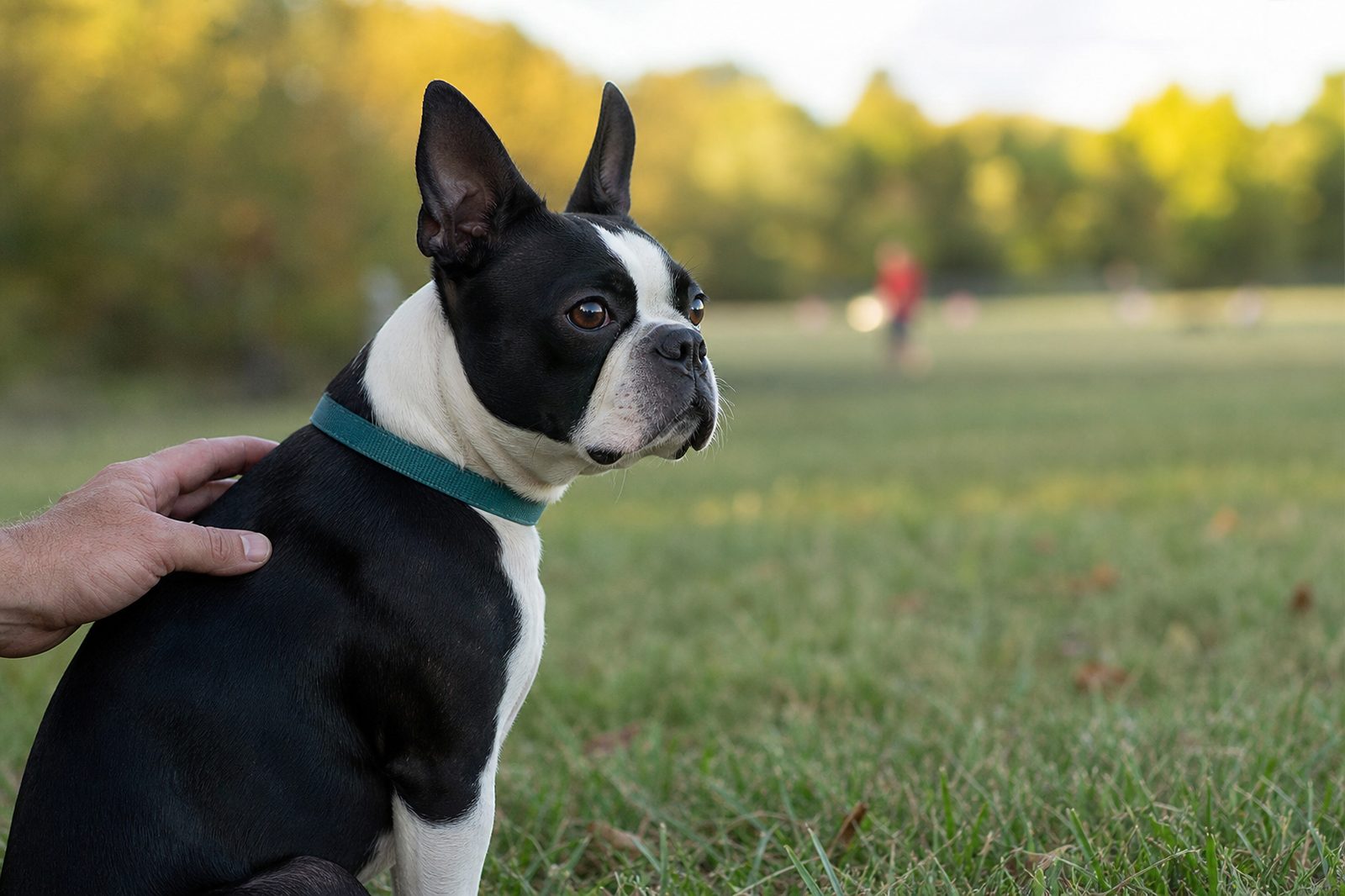 A Boston Terrier sits watchfully at the edge of a shaded field in late afternoon.