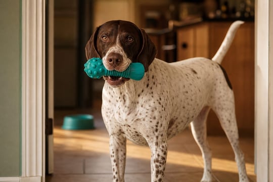 A Pointer stands in a kitchen doorway holding a chew toy in warm evening light.