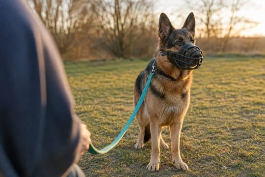 German Shepherd wearing a basket muzzle standing on a leash beside a handler outdoors.