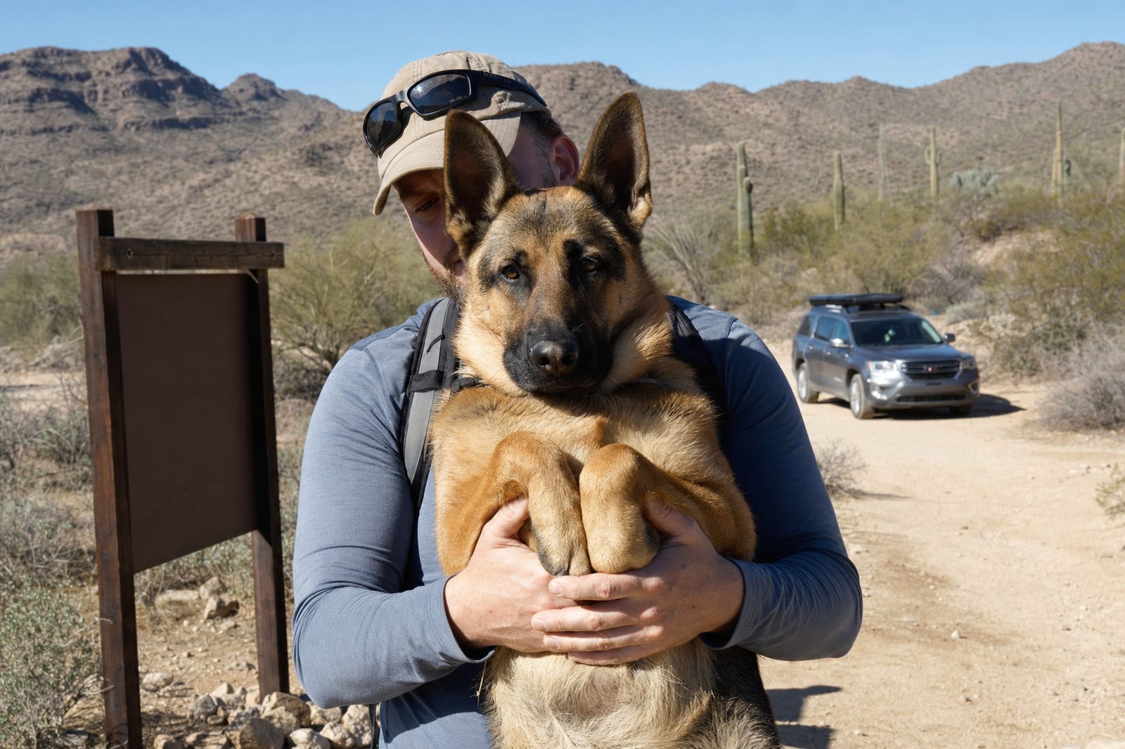 Hiker carrying a calm German Shepherd along an Arizona desert trail after a rattlesnake bite