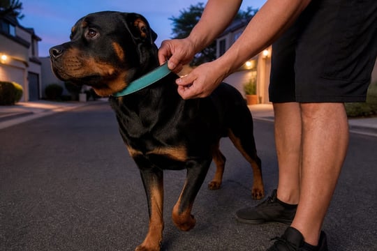 A handler checks the fit of a Rottweiler's collar on a quiet street at dusk.