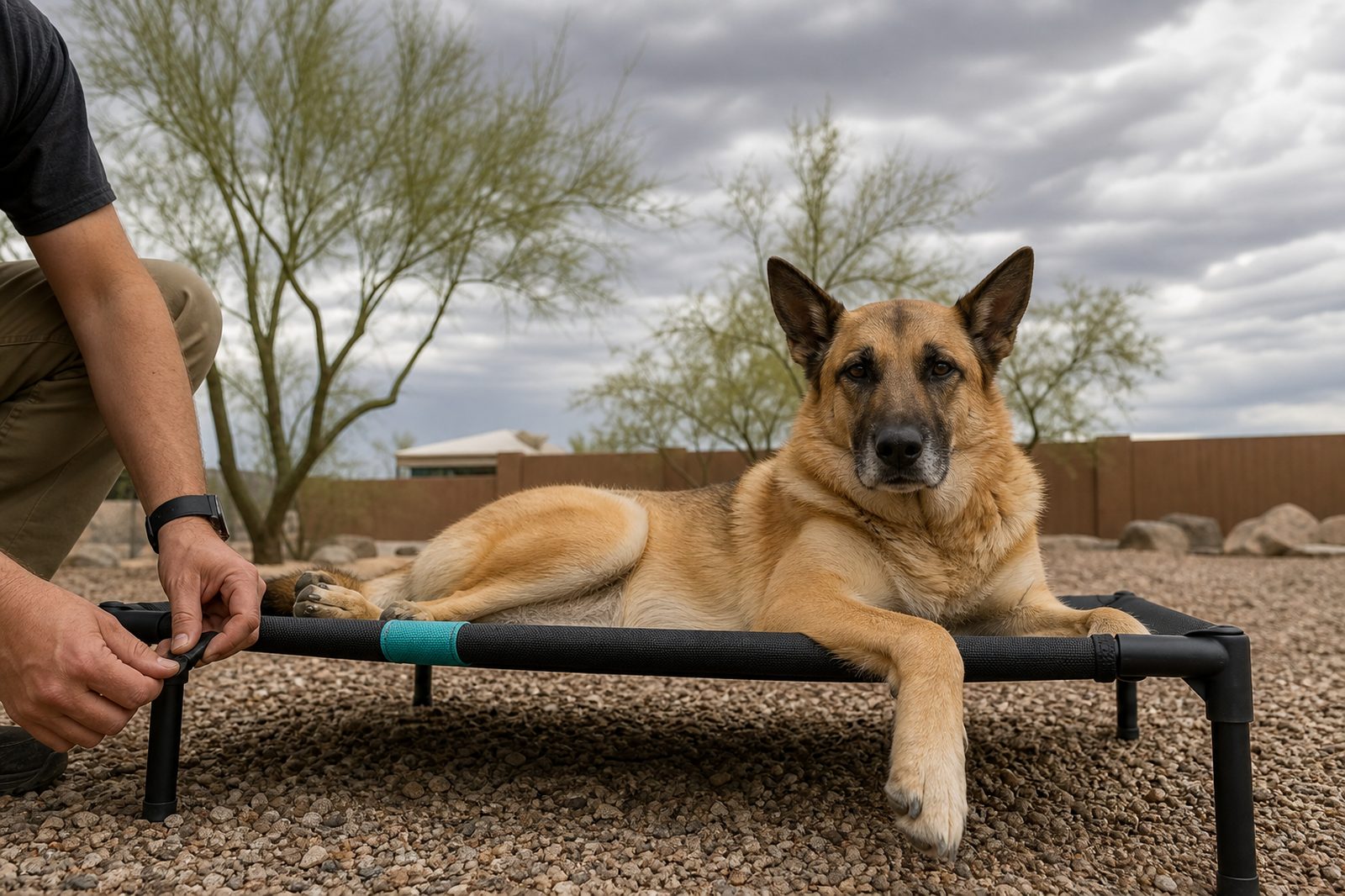 Adult Shepherd mix resting on a raised mesh dog cot in a gravel backyard.