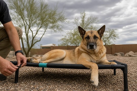Adult Shepherd mix resting on a raised mesh dog cot in a gravel backyard.
