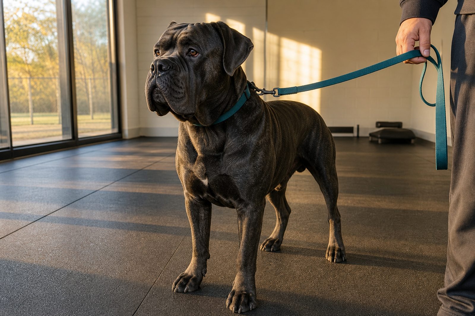 Adult Cane Corso standing calmly on a rubber training floor in warm light.