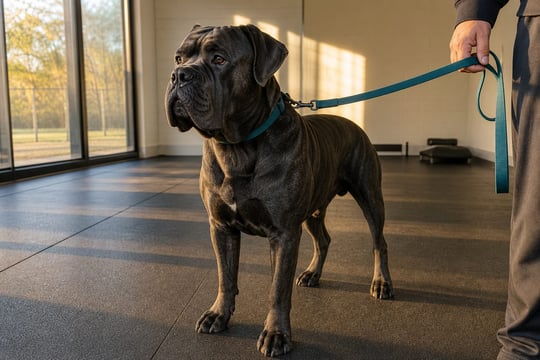 Adult Cane Corso standing calmly on a rubber training floor in warm light.