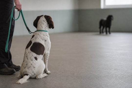 An undersocialized dog kept at a calm distance from another dog during daycare.