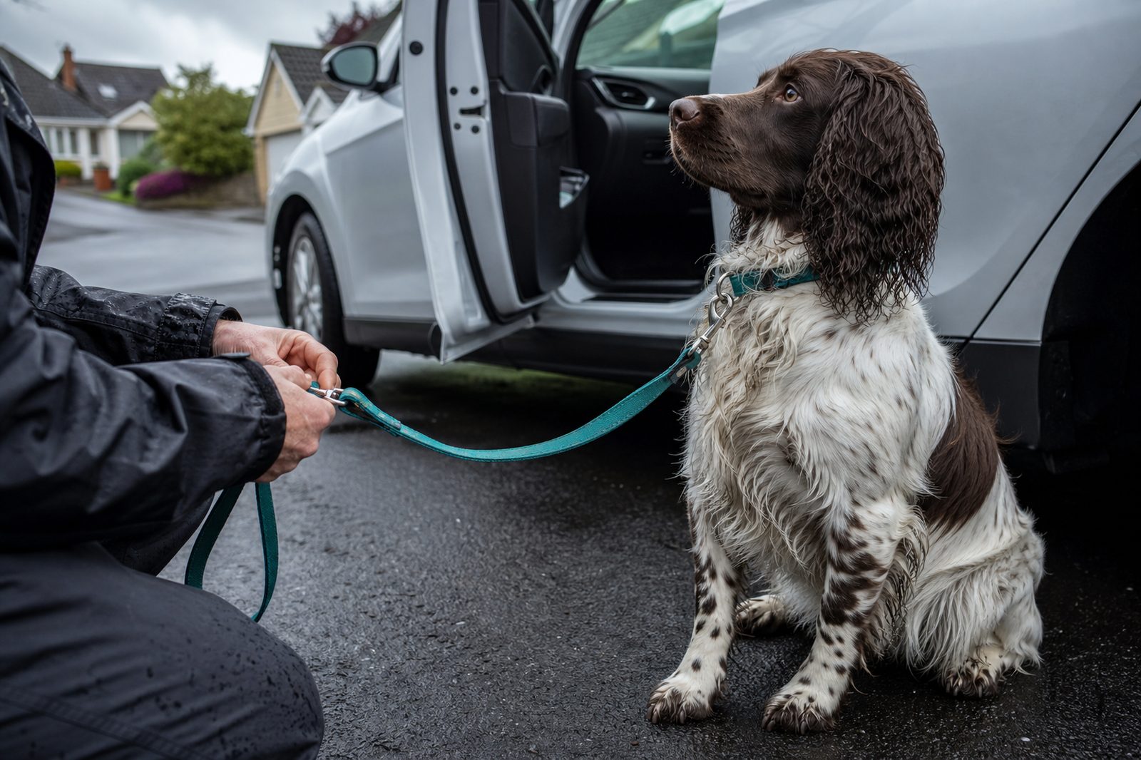A Springer Spaniel waits beside a car in a driveway as a handler checks its leash.