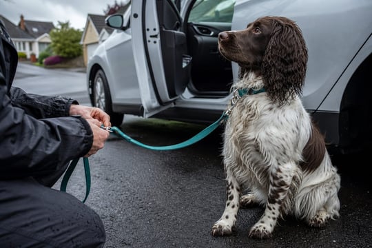 A Springer Spaniel waits beside a car in a driveway as a handler checks its leash.