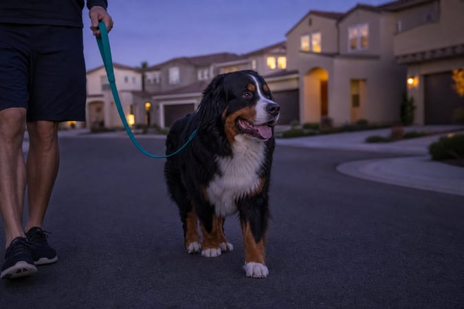 Adult Bernese Mountain Dog walking a quiet stucco street at dusk.