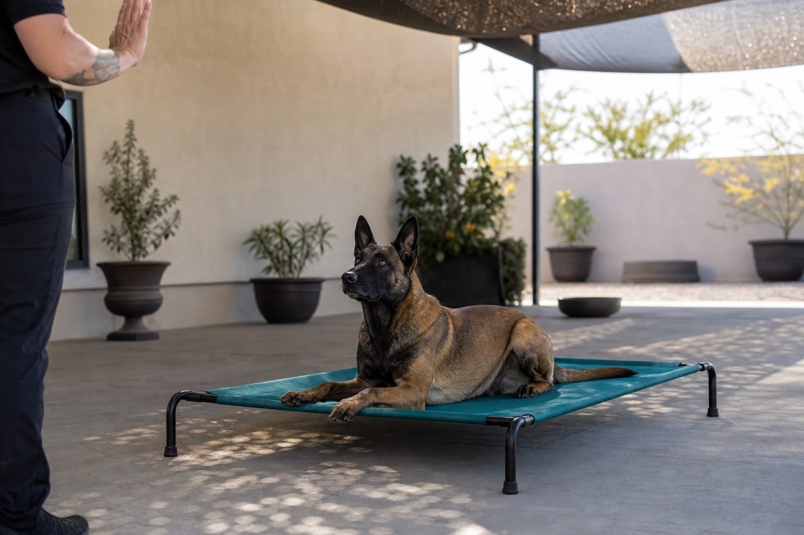 Adult Belgian Malinois holding a down-stay on a cot under a shade sail.