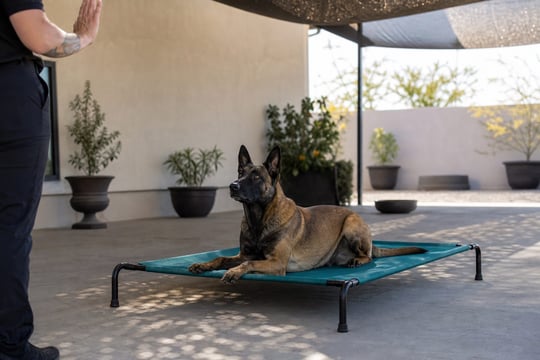 Adult Belgian Malinois holding a down-stay on a cot under a shade sail.