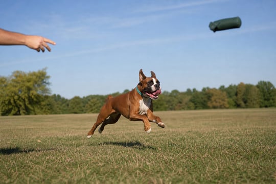 A Boxer runs joyfully across an open grassy field chasing a toy.